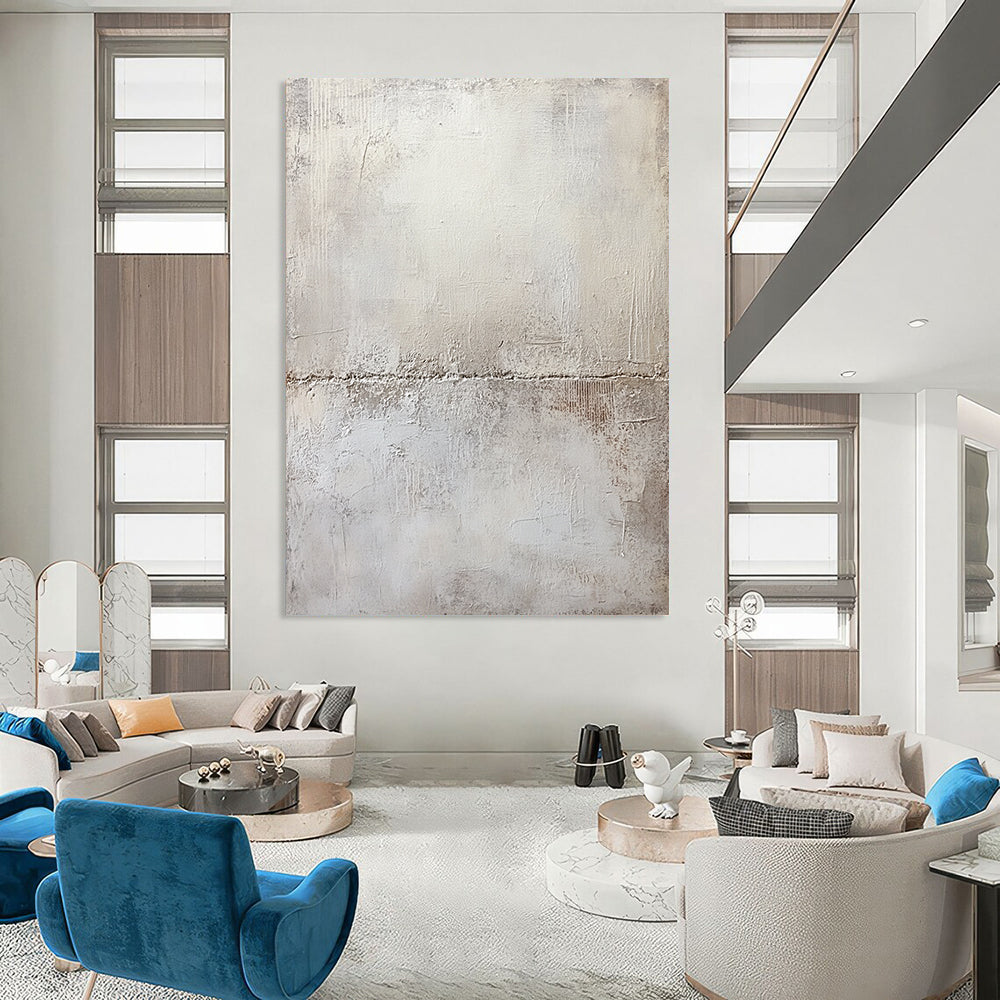 Large contemporary hand-painted abstract artwork featuring a textured white plaster wall with subtle gray tones and mysterious organic shapes in pale cream and beige. DLZ0583