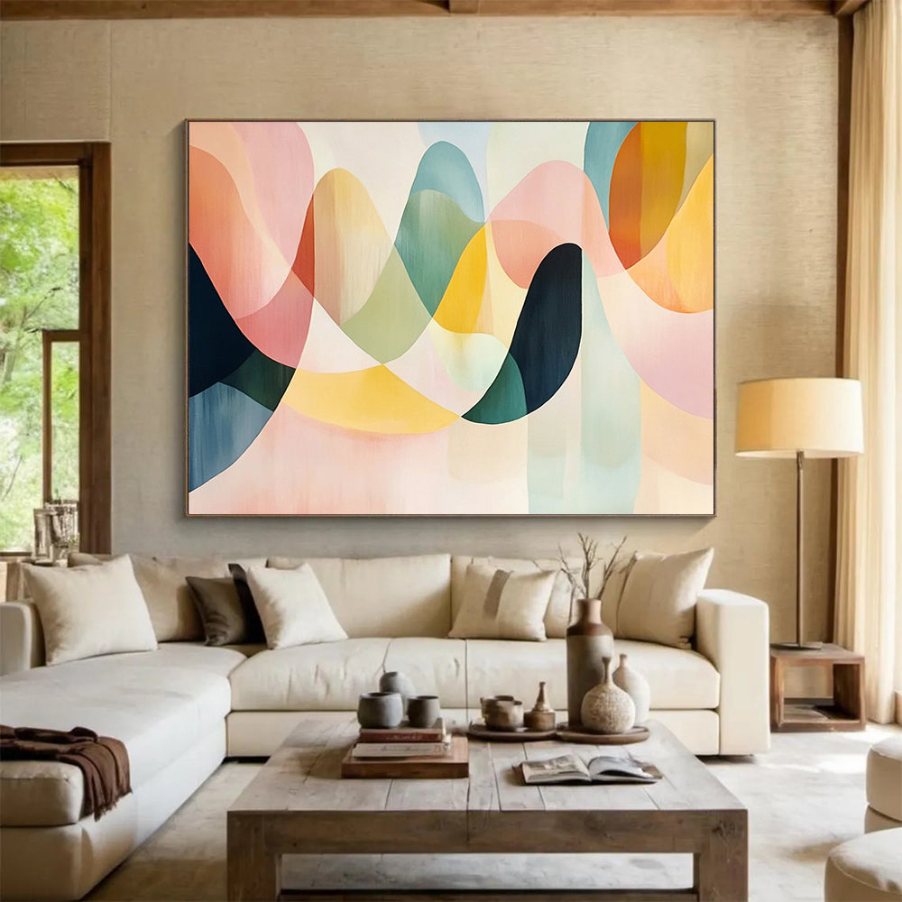 “Colorful Wavy Shapes” - Pastel pink, green, yellow, Abstract Geometric Painting HB0629