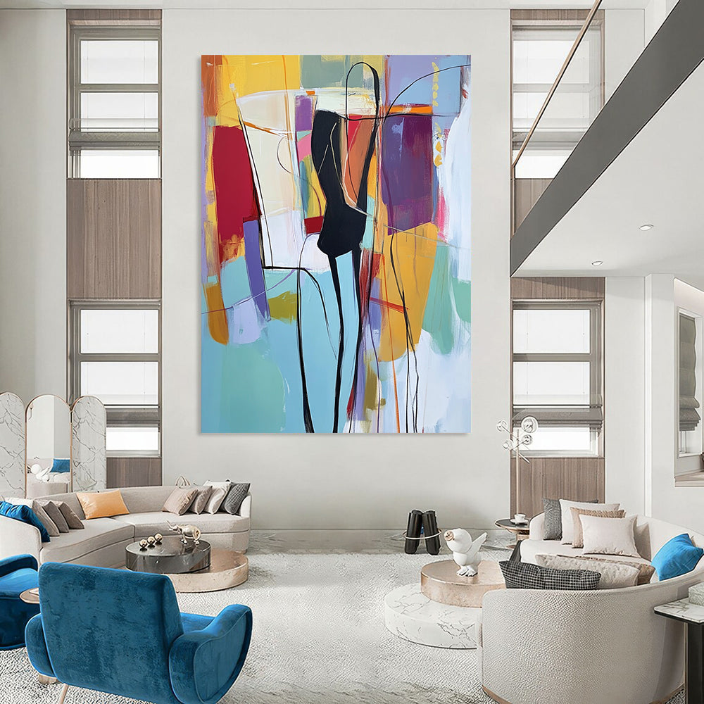 Contemporary hand-painted abstract art featuring light blue hues with vibrant reds yellows greens and purples depicting a figure in a black suit. DLZ0996