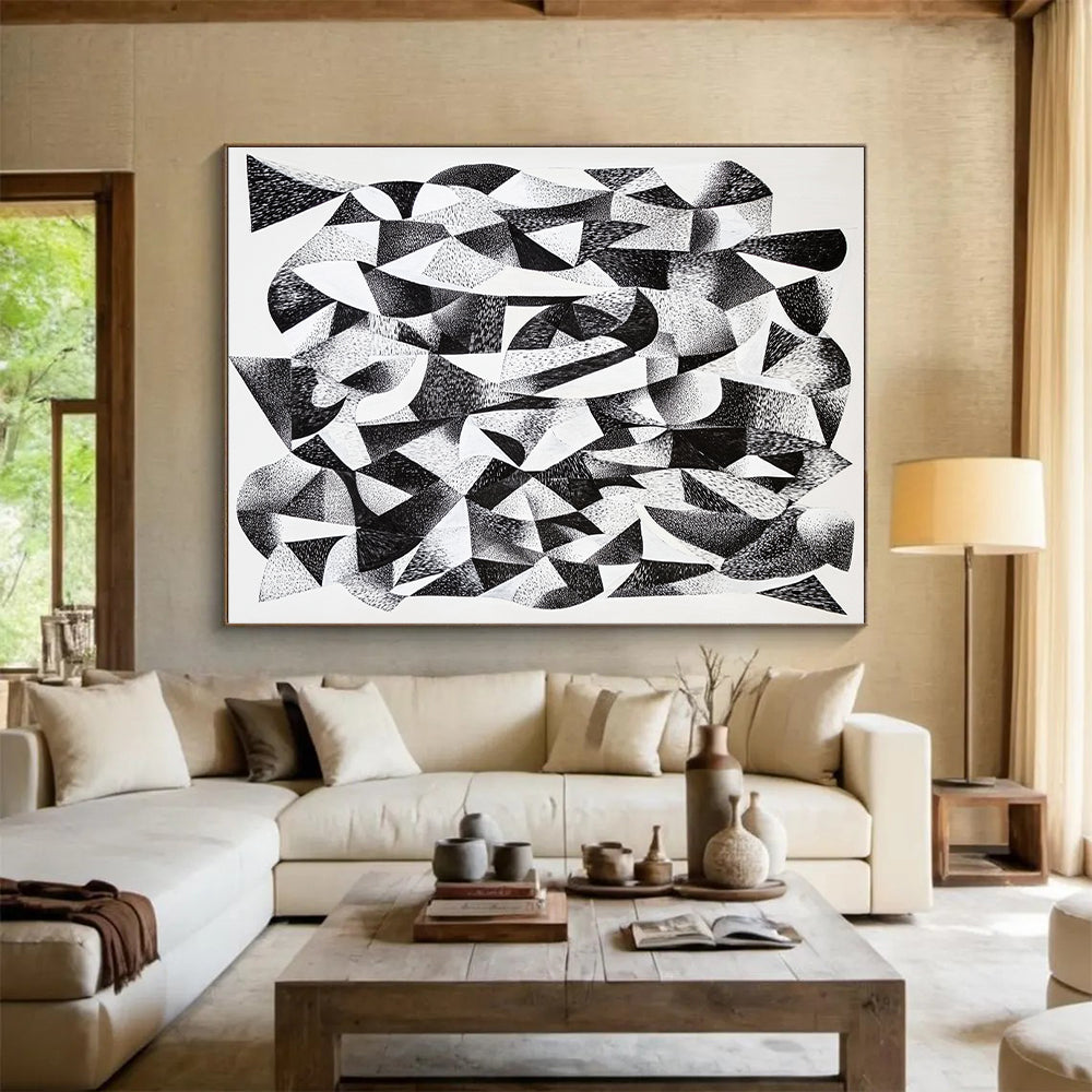 Black and White Geometric Abstraction "Monochrome Geometry" Painting On Canvas HB390