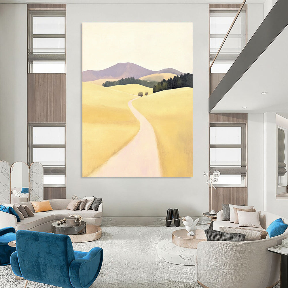 Contemporary hand-painted abstract artwork featuring a serene rural road in New Zealand with rolling hills in soft yellow tones and minimalistic design. DLZ1099
