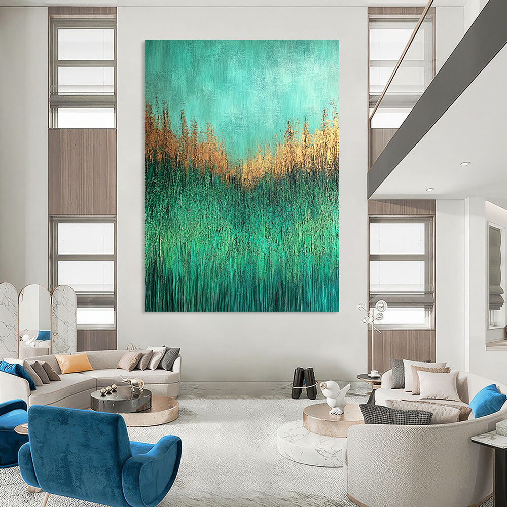 Contemporary abstract painting depicting a textured grassy meadow in aqua green and brown shades on canvas with UHD quality. DLZ0597