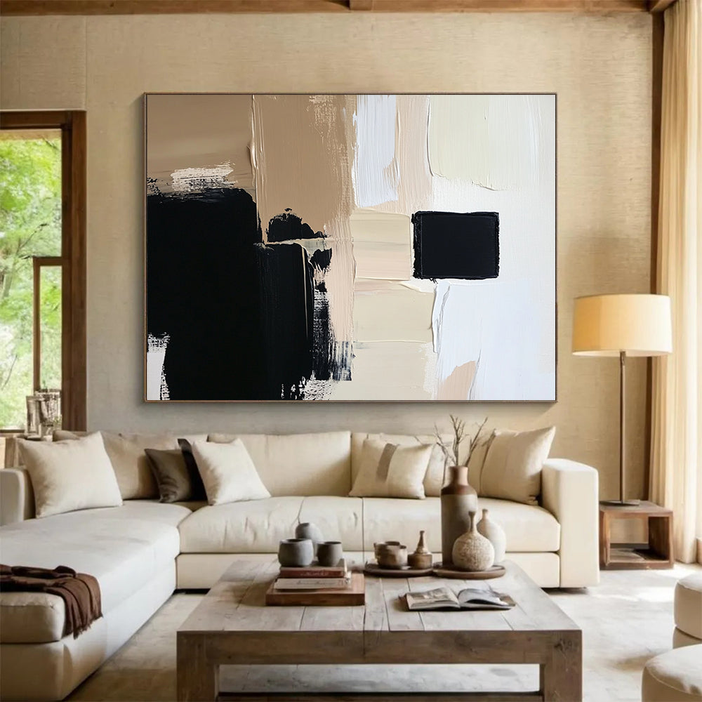 “Neutral Geometric Layers” - Beiges, Blacks, Whites, Abstract Geometric Shapes - Acrylic Painting HB1624