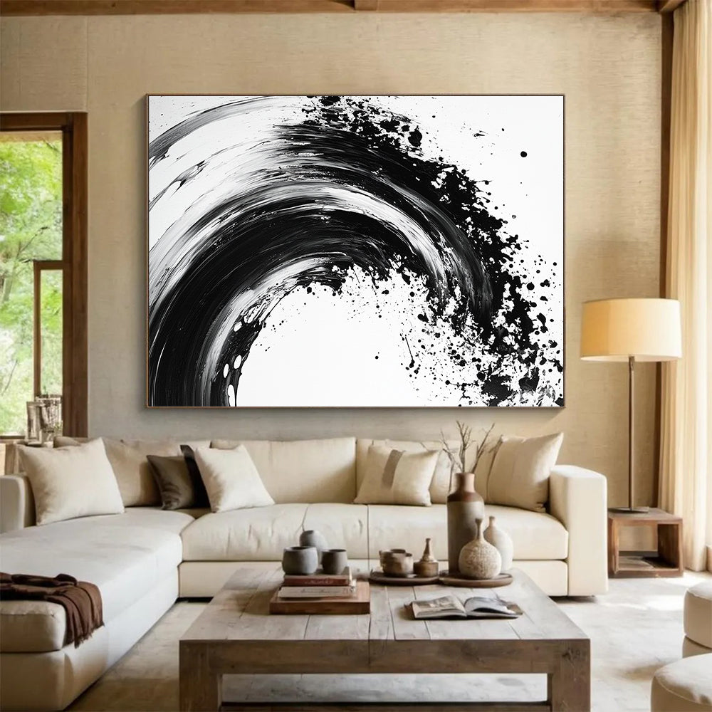 Black, White, Wave - Like Ink Splash "Ink Wave Symphony" Abstract Expressionist Painting On Canvas HB134