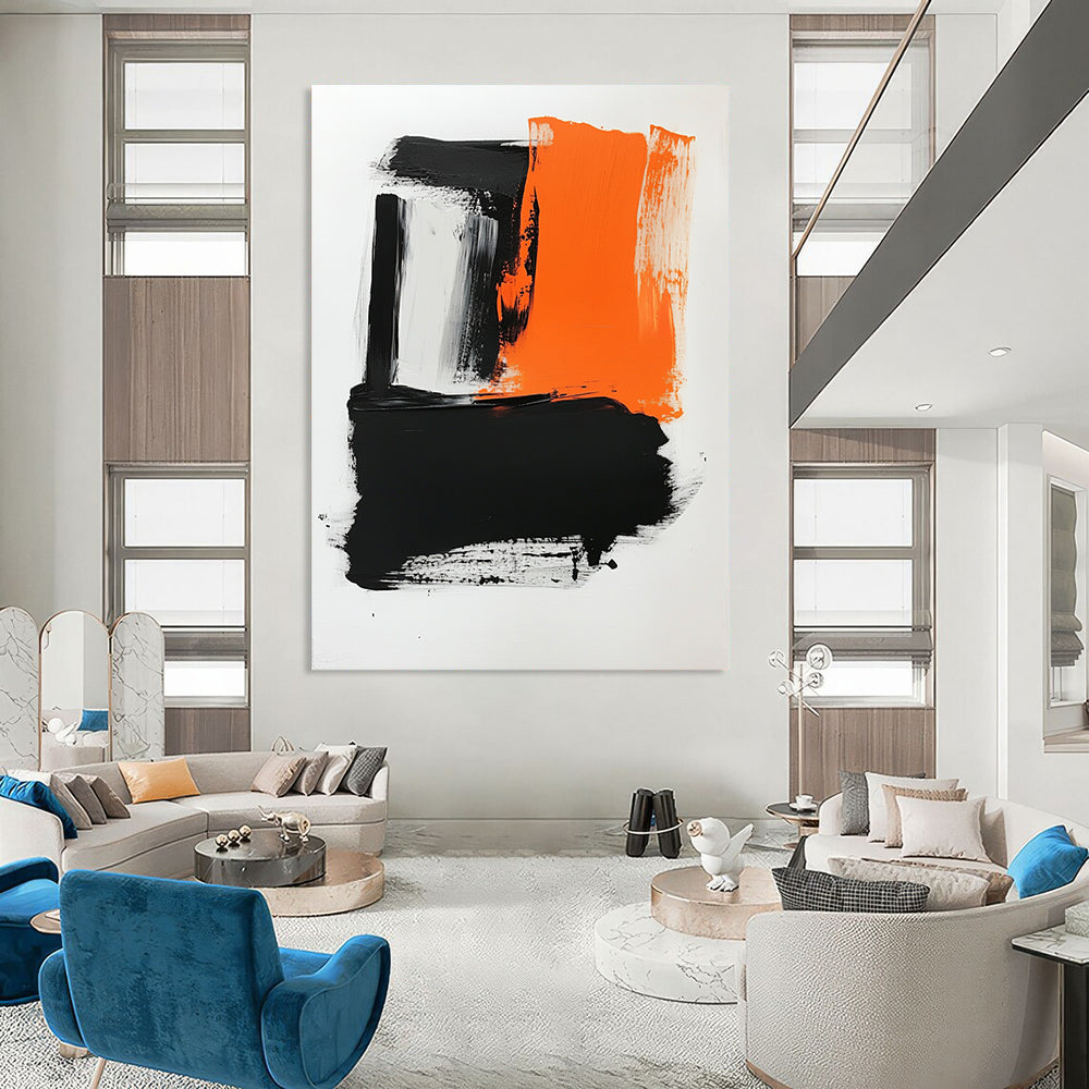 Contemporary hand-painted abstract artwork featuring a white background, vibrant orange and black hues, bold brush strokes, and striking negative space. DLZ0433
