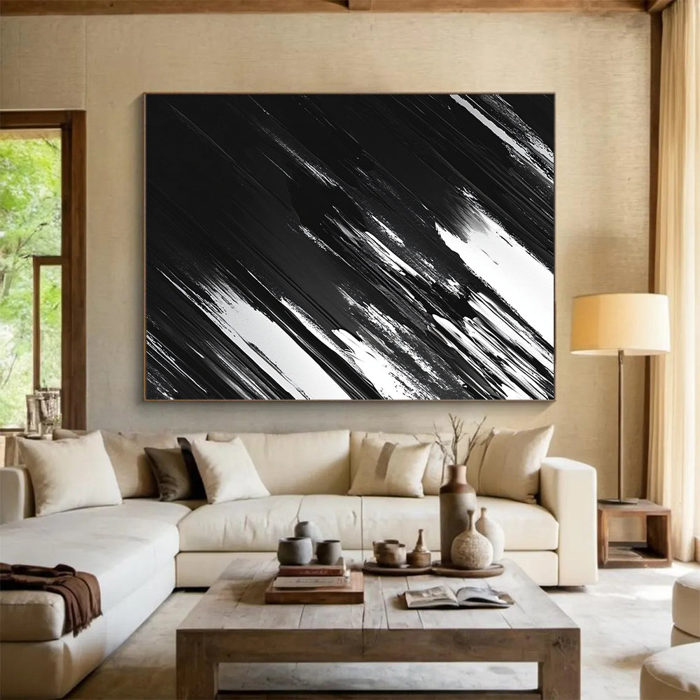 Black, White and Gray Dynamic Strokes "Shadow Motion" Painting On Canvas HB313
