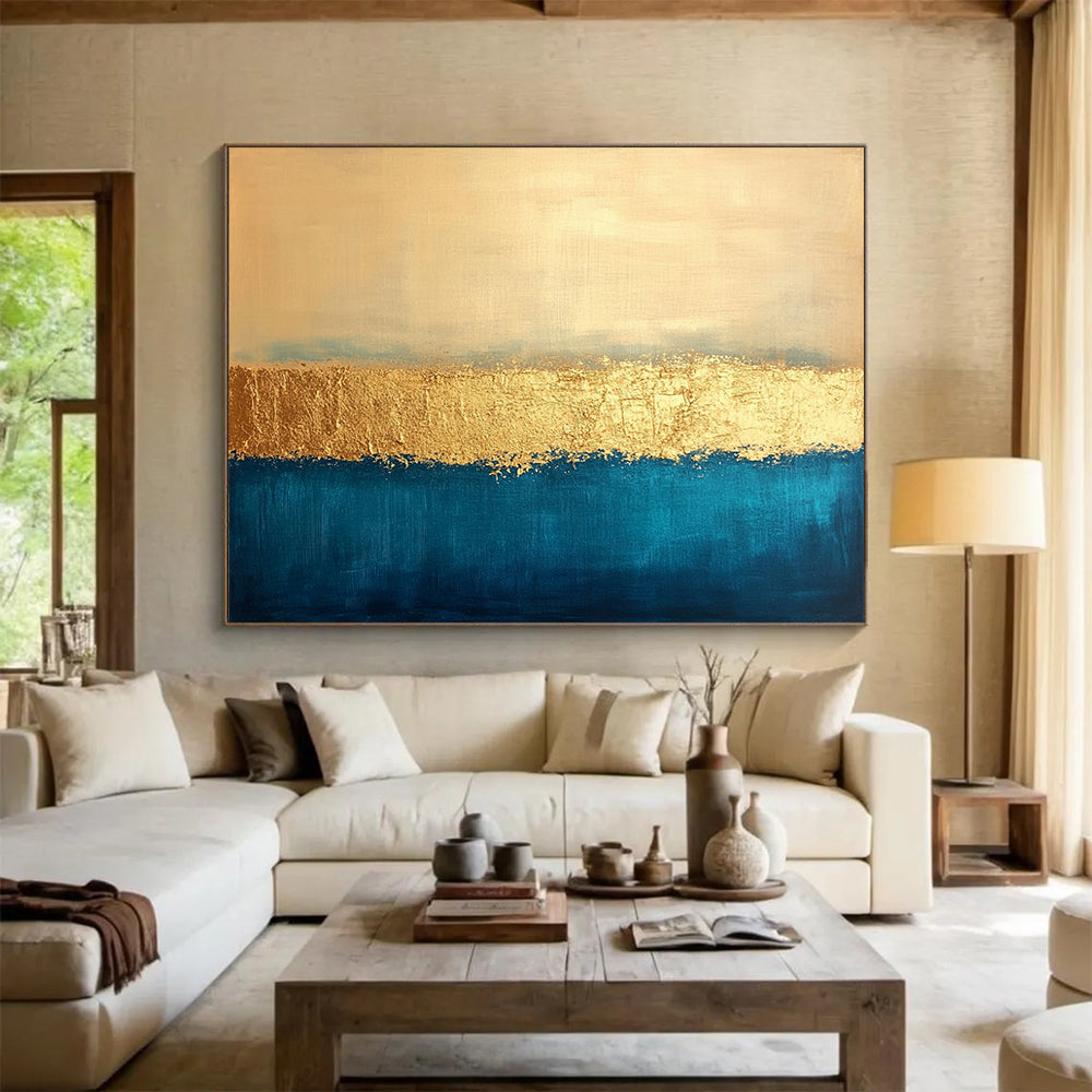 “Gold and Blue Striped Abstract” - Gold, Blue, Horizontal Stripes, Minimalist Painting On Canvas HB0897