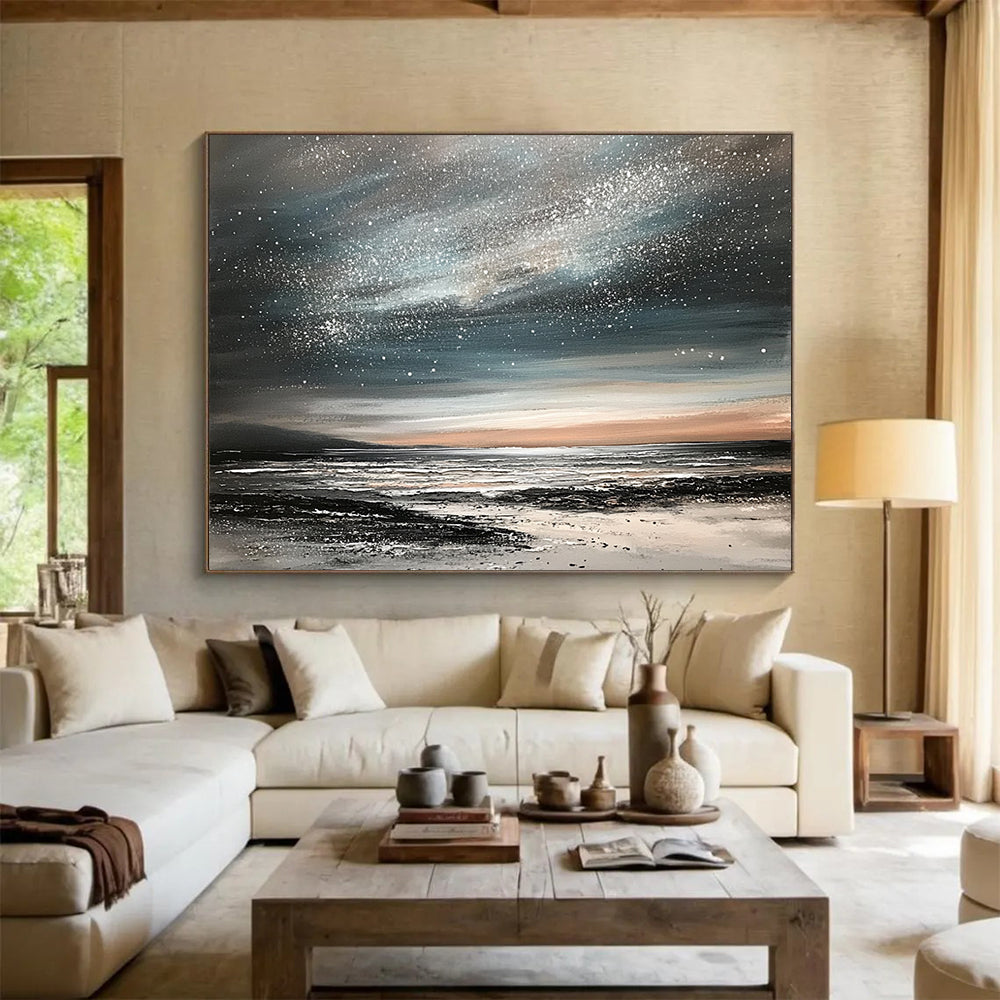 “Starry Night Coastal” - Black, Gray, Silver, Orange, Dreamy Night Sky & Sea Scenes Painting On Canvas HB1025