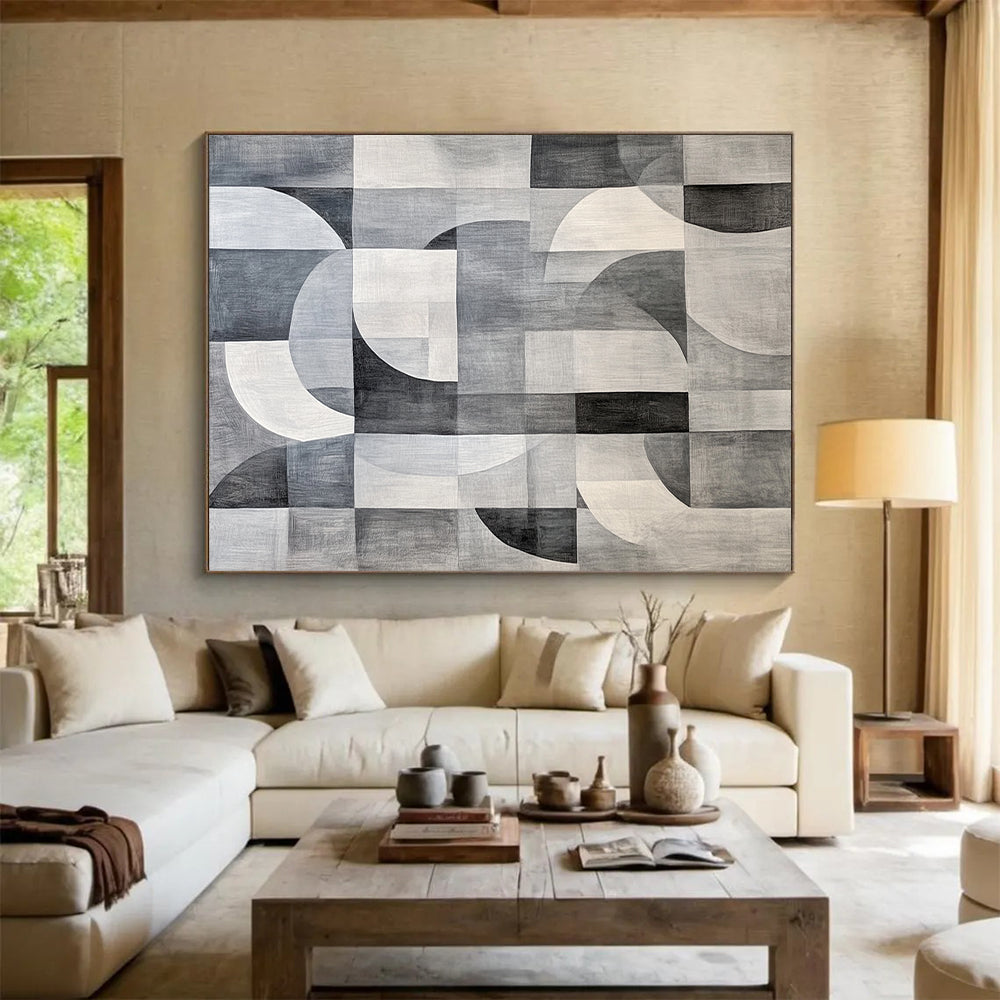 Gray, Black and White Geometric Circles and Squares "Monochrome Harmony" Painting On Canvas HB370