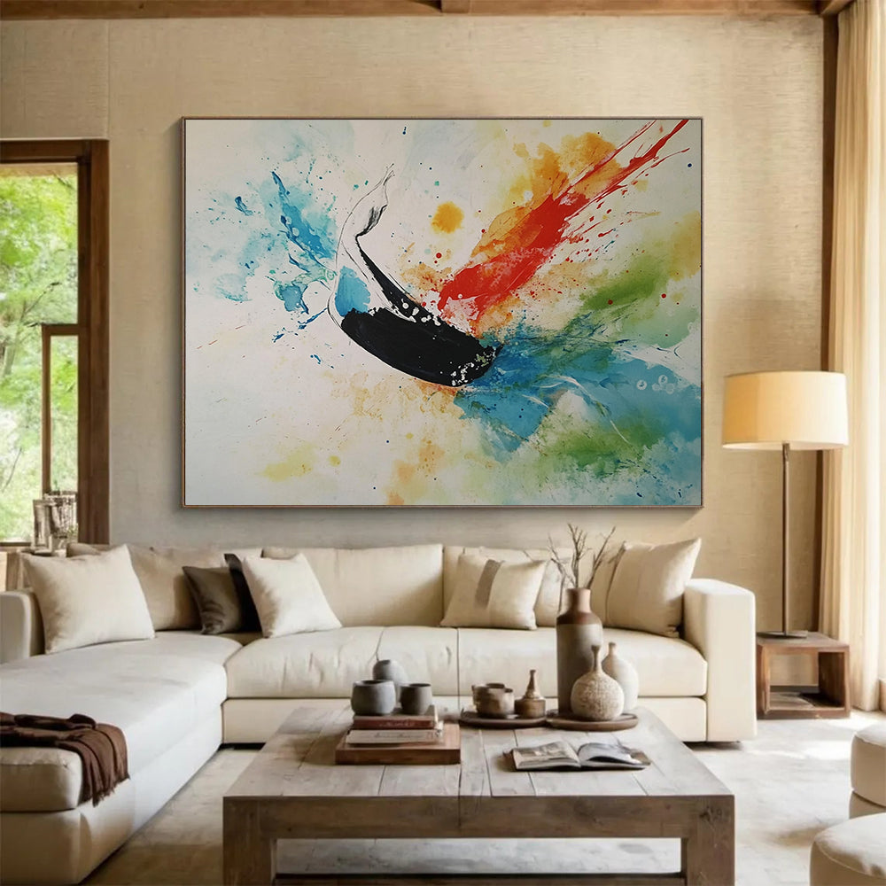 “Whale in Color Bursts” - Black Whale, Colorful Splashes, Abstract Marine Animal Painting On Canvas HB1099
