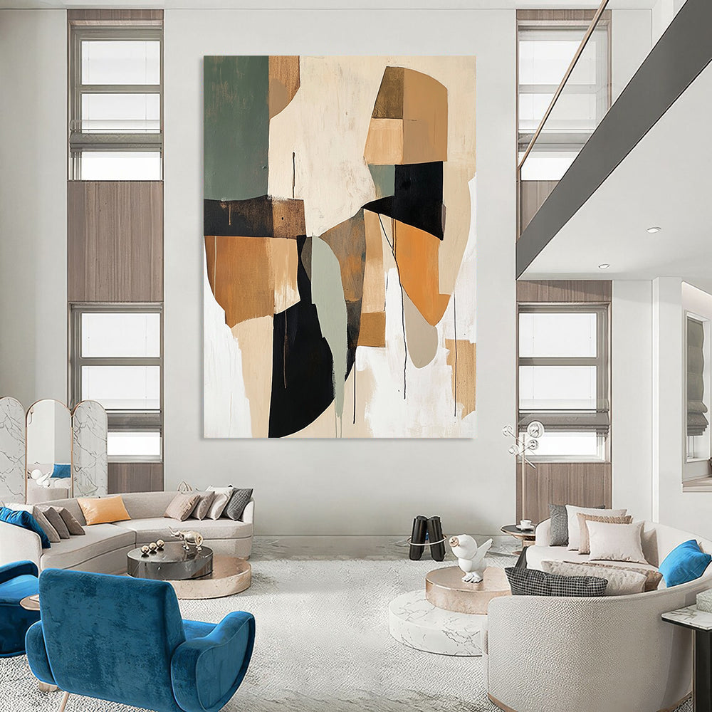 Contemporary abstract painting showcases loose brushwork with earthy beige and sage green shapes accented by brown black white and orange. DLZ0755