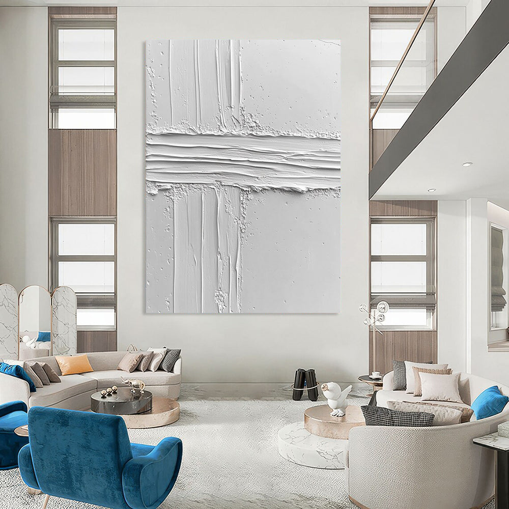 Contemporary abstract art featuring a textured white surface with an irregular line, evoking calmness and minimalism through its impasto technique and clean design. DLZ1261
