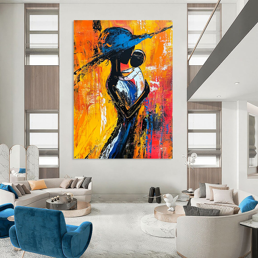 Contemporary abstract painting showcasing a woman in black and white with a blue hat surrounded by warm reds yellows and oranges vibrant brush strokes. DLZ1499