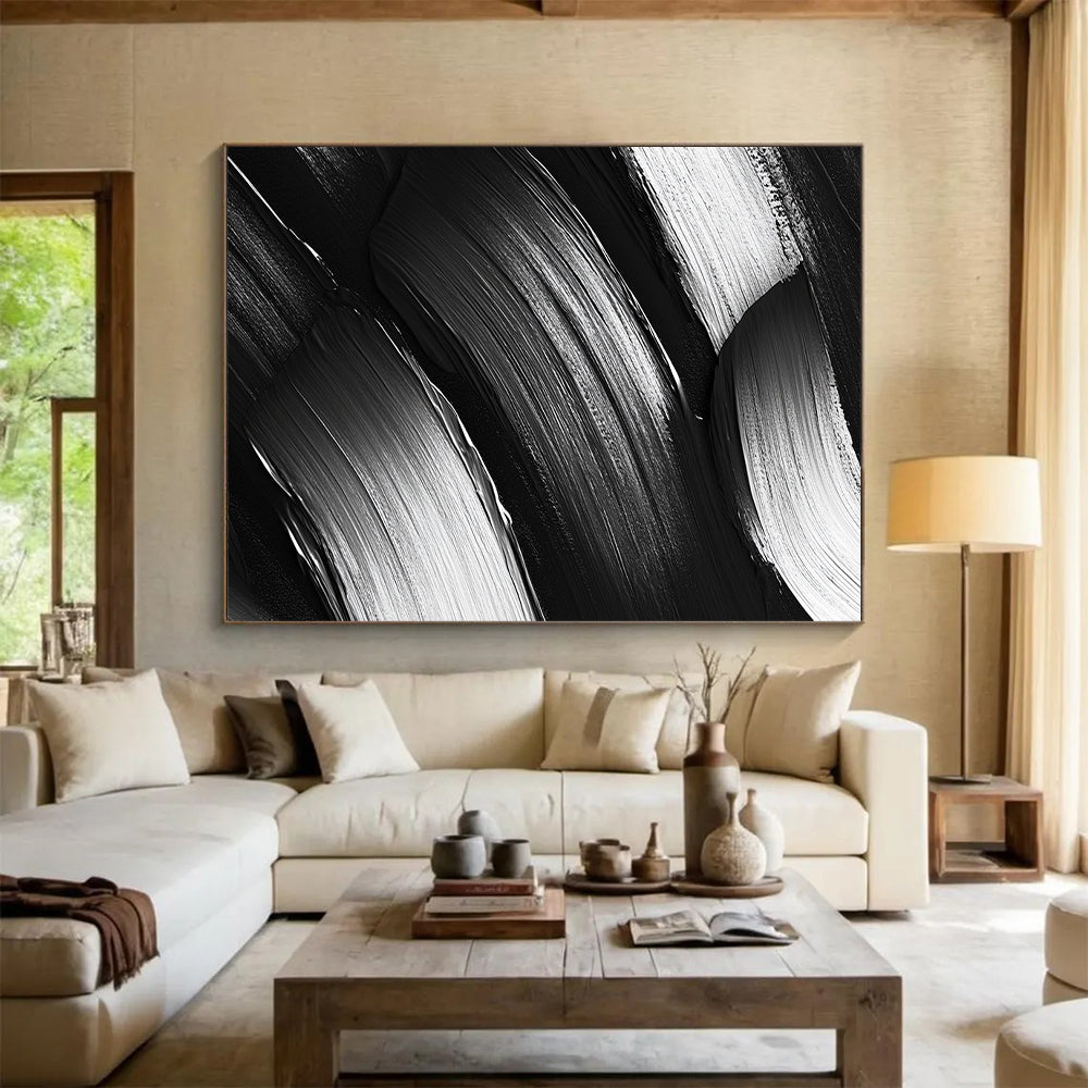Black and White Textured Brushstrokes "Monochrome Rhythm" Painting On Canvas HB311