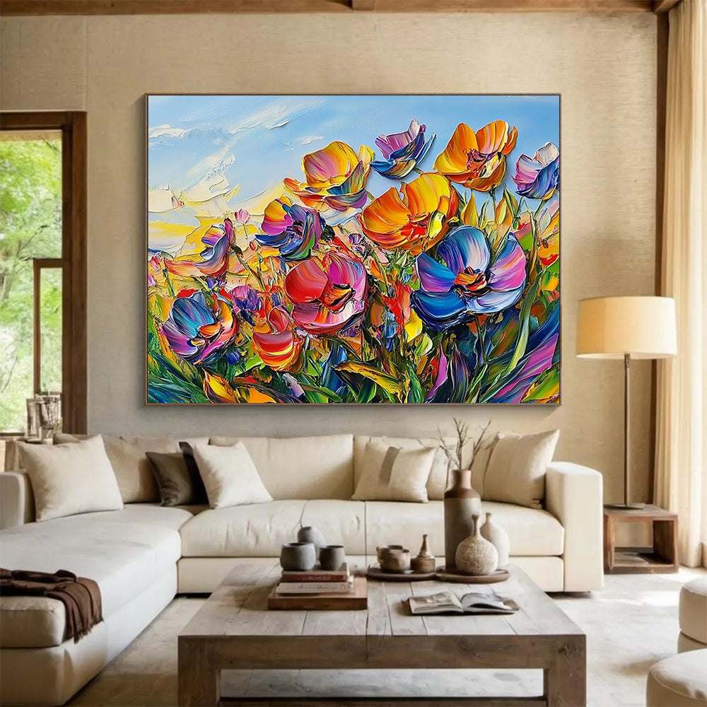 “Vibrant Colorful Flower Field” - Pink, Purple, Orange, Yellow, Textured Flower Field - Impasto Acrylic Painting HB1640