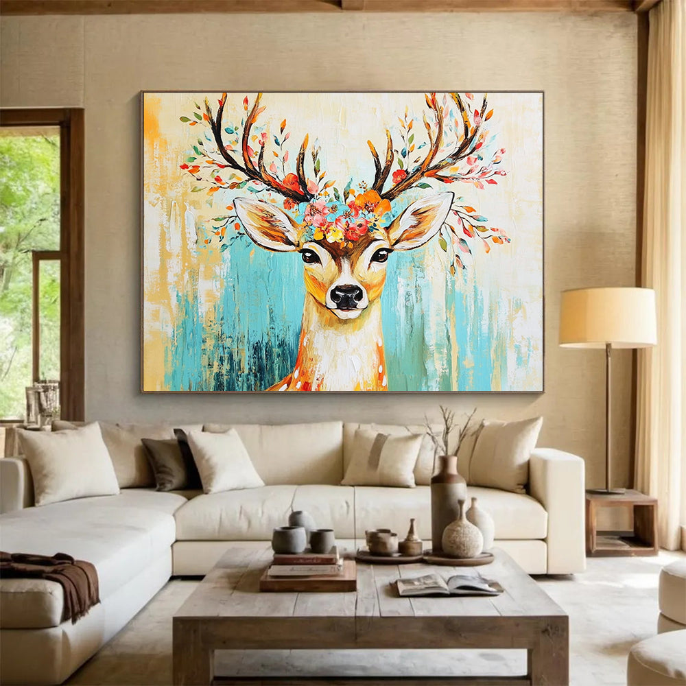 “Floral - Antlered Deer” - Yellow, Blue, Colorful Flowers, Deer Portrait - Whimsical Acrylic Painting HB1677