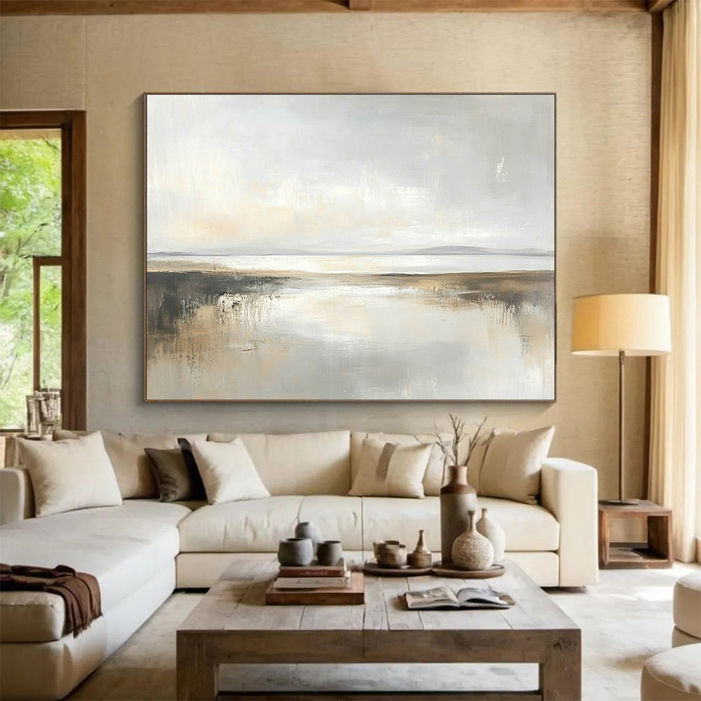 “Soft Gray Coastal Reflection” - Gray, Beige, Subtle Reflections, Minimalist Landscape Painting On Canvas HB0904