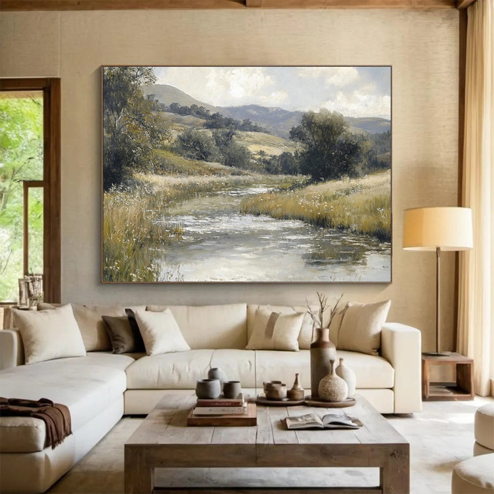 “Tranquil River Landscape” - Green, Blue, Serene Landscape Painting On Canvas HB0695