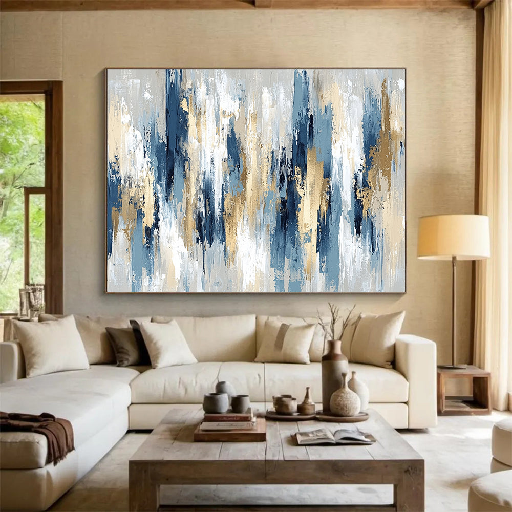 “Elegant Blue, Gray, and Gold Vertical Strokes” - Blue, gray, gold; Abstract vertical strokes with gold accents; Acrylic Painting On Canvas HB1231