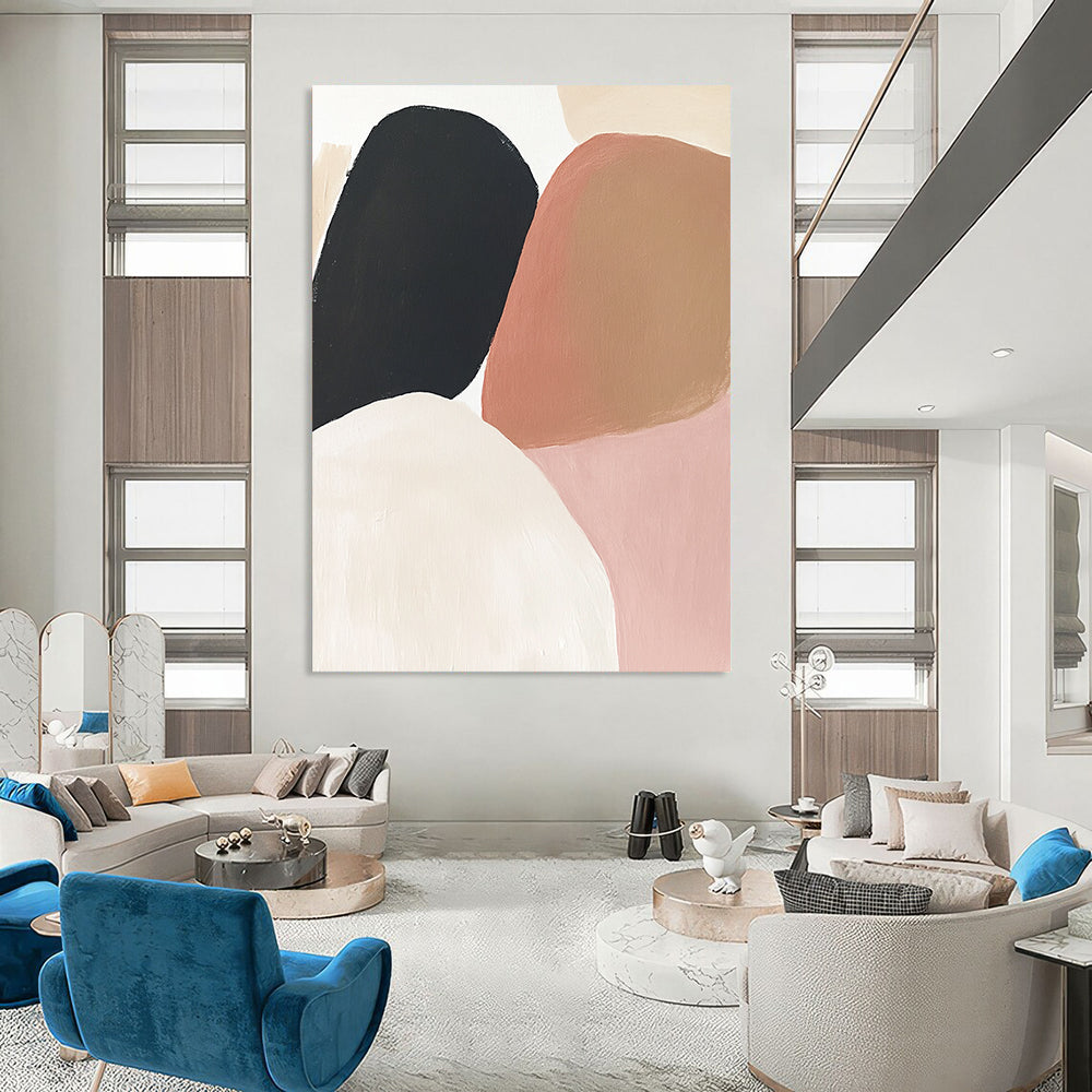 Contemporary hand-painted abstract artwork featuring earthy tones of soft pink, beige, brown, and black on a clean white background. DLZ0800