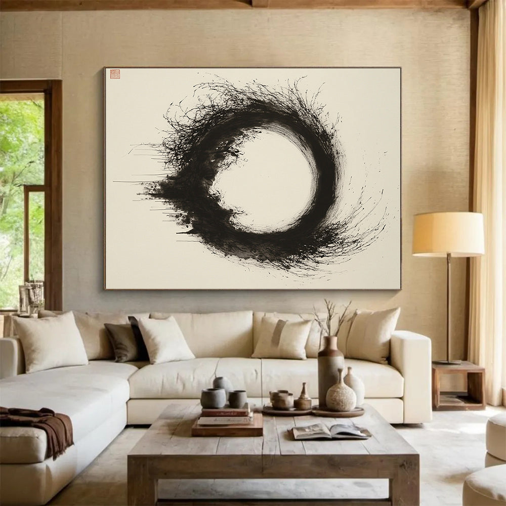 Black & Gray Textured Circular Ink - “Ethereal Enso Nest” Painting On Canvas HB246