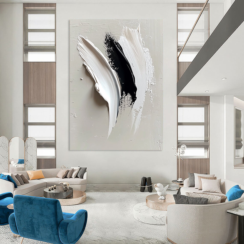 Contemporary abstract painting featuring minimalist white and black strokes on light gray, symbolizing an eagle's wing with a blend of elegance and strength. DLZ0664