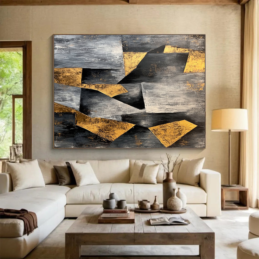Gray, Black, White, Gold, Angular Shapes "Golden Structure" Abstract Modernist Painting On Canvas HB080