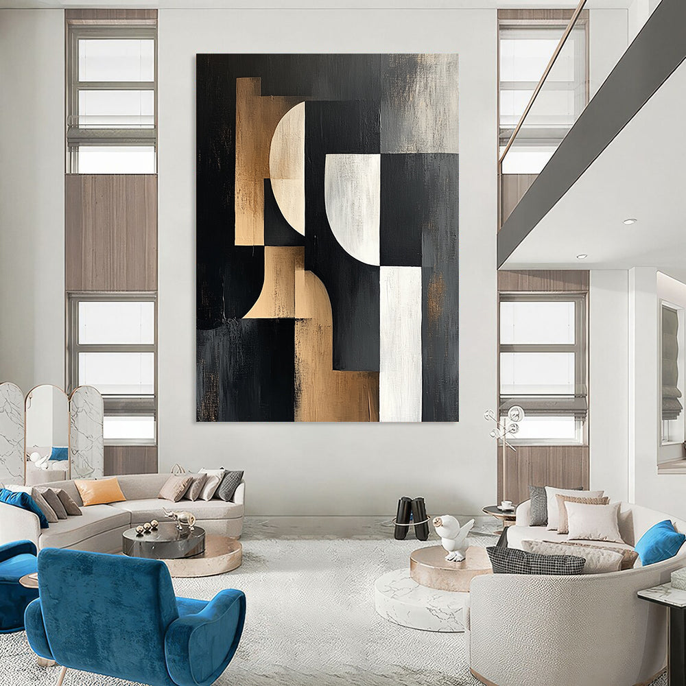 Large contemporary abstract painting featuring bold black white and beige shapes on a dark gray background with a textured canvas finish. DLZ1373