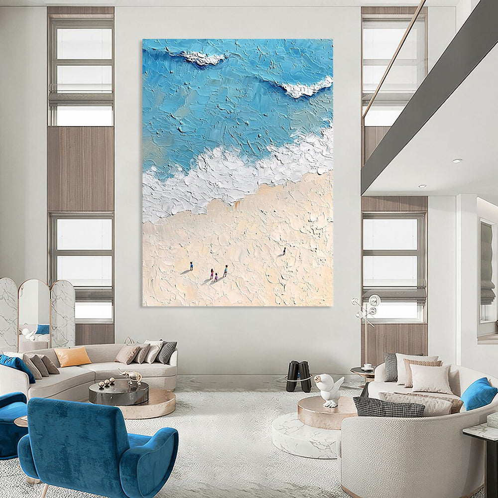 Contemporary hand-painted abstract artwork depicting a sunny beach scene with gentle waves and fine sand in soft tones and bright colors. DLZ1530