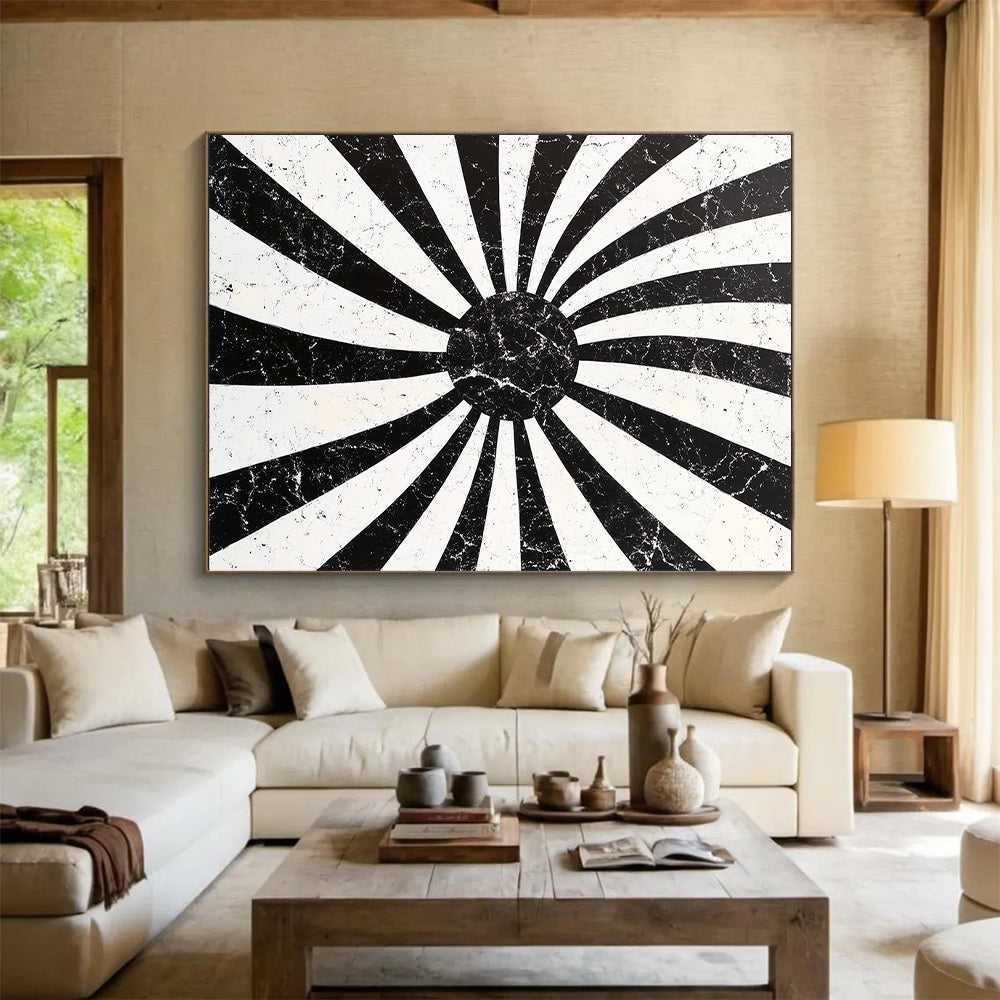 Black, White, Radial Stripes "Marbled Sunburst Radials" Abstract Geometric Painting On Canvas HB178