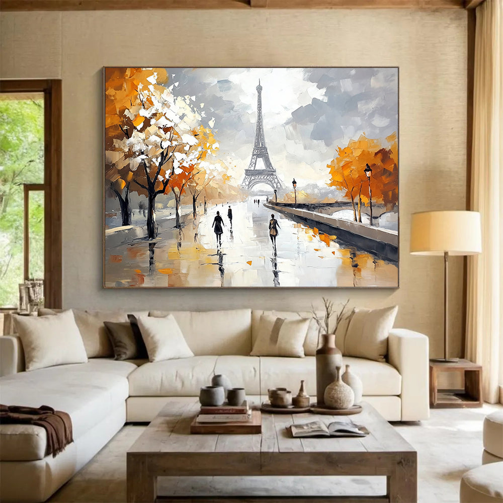 “Autumn in Paris” - Oranges, Grays, Whites, Eiffel Tower and Tree - Lined Path in Autumn - Impressionist Oil Painting HB1715