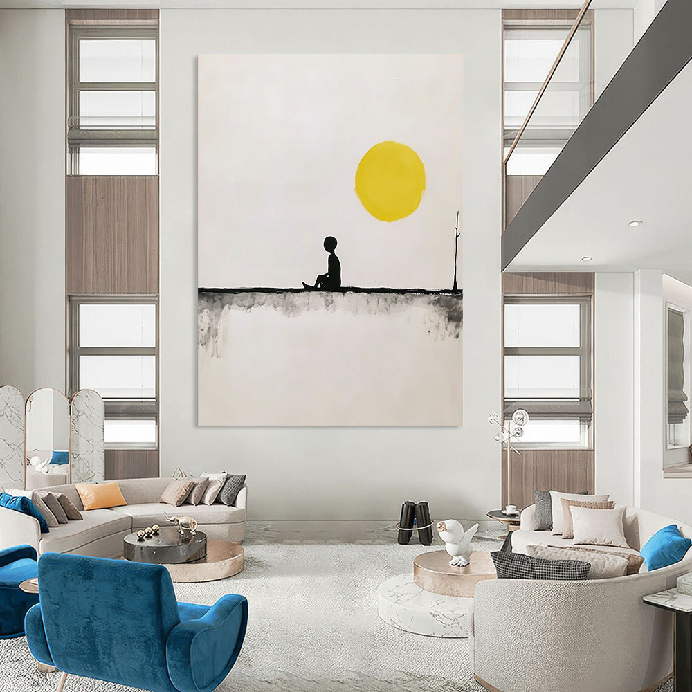 Contemporary hand-painted abstract art featuring a minimalist fisherman on a line under a yellow sun with simple shapes in black and gray tones. DLZ1635