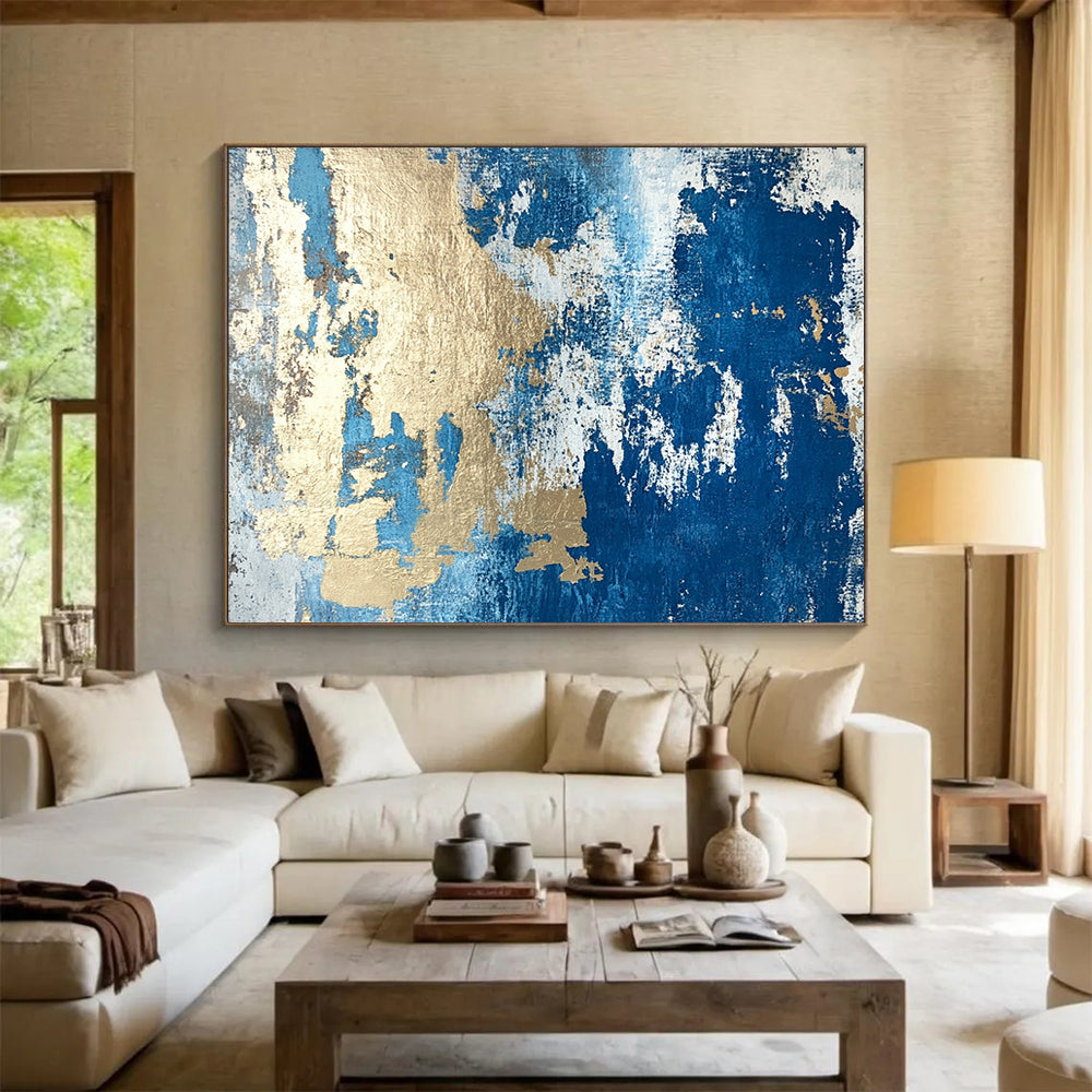 “Textured Gold - Blue Abstract Fusion” - Gold, Blue, Gray, White, Textured Layers Painting On Canvas HB0819