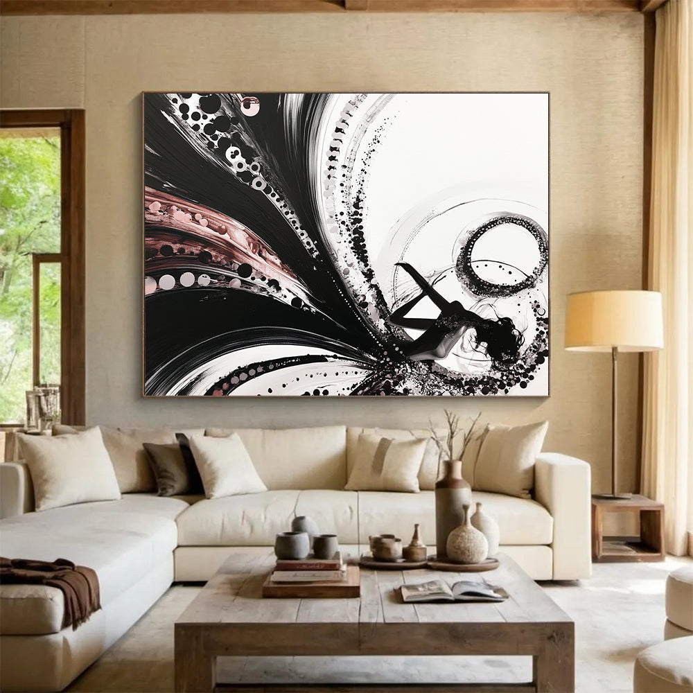 Black, White, Pink, Swirling Silhouette "Elegant Ink Silhouette" Abstract Figurative Painting On Canvas HB176