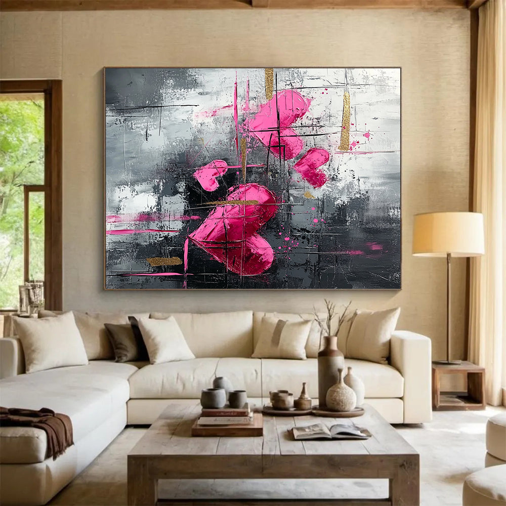 Pink Hearts, Gray Background & Gold Accents - “Elegant Romantic Fusion” Painting On Canvas HB213