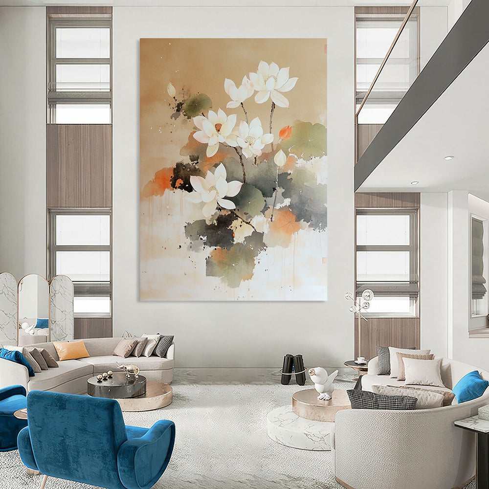 Contemporary hand-painted abstract artwork featuring a white lotus tree blooming on a soft brown background with delicate brushstrokes and ethereal watercolor techniques. DLZ1415