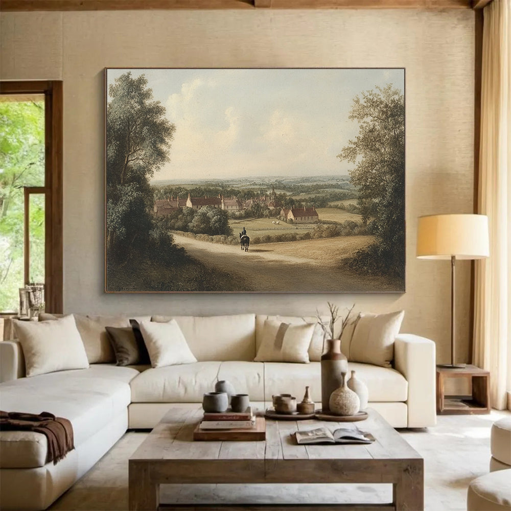 “Village Path with Rider” - Earthy tones, village scene, rider on path, Landscape Painting On Canvas HB0595
