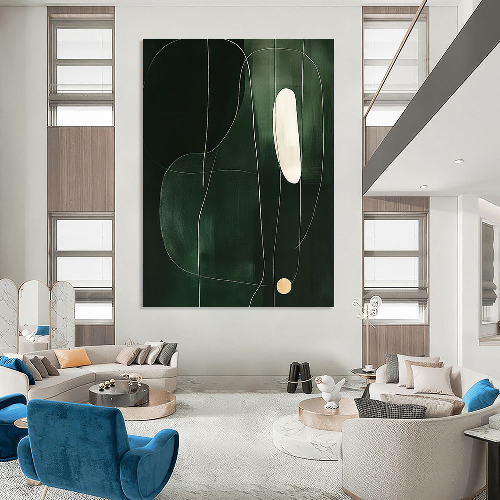 Contemporary abstract art featuring minimalist shapes on dark green, accented by a thin white line and a single light yellow circle. DLZ1606