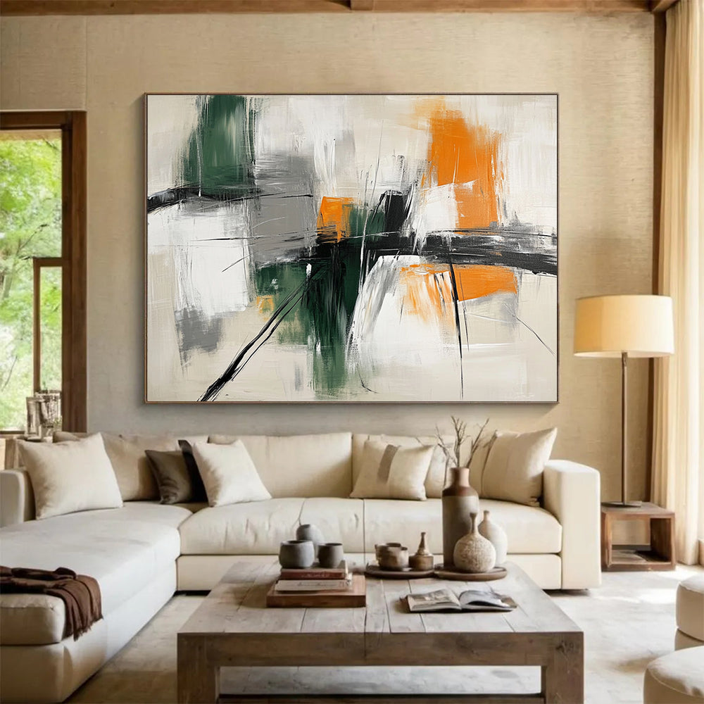 “Green and Orange Interplay” - Green, Orange, Gray, White, Abstract Strokes - Abstract Cubist - Inspired Acrylic Painting HB1552
