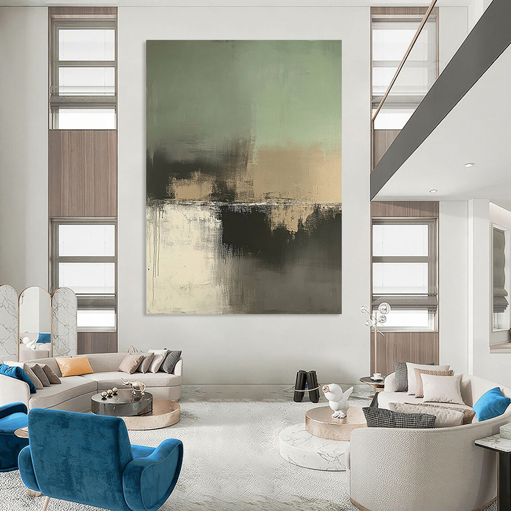 Large contemporary hand-painted abstract artwork featuring soft sage green, beige, and gray tones for a serene and sophisticated aesthetic. DLZ0442