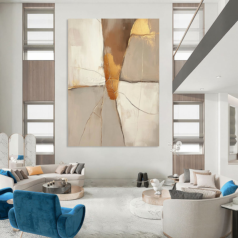 Contemporary hand-painted abstract artwork featuring a beige background with golden cracks and neutral tones in brown and gold. DLZ0290