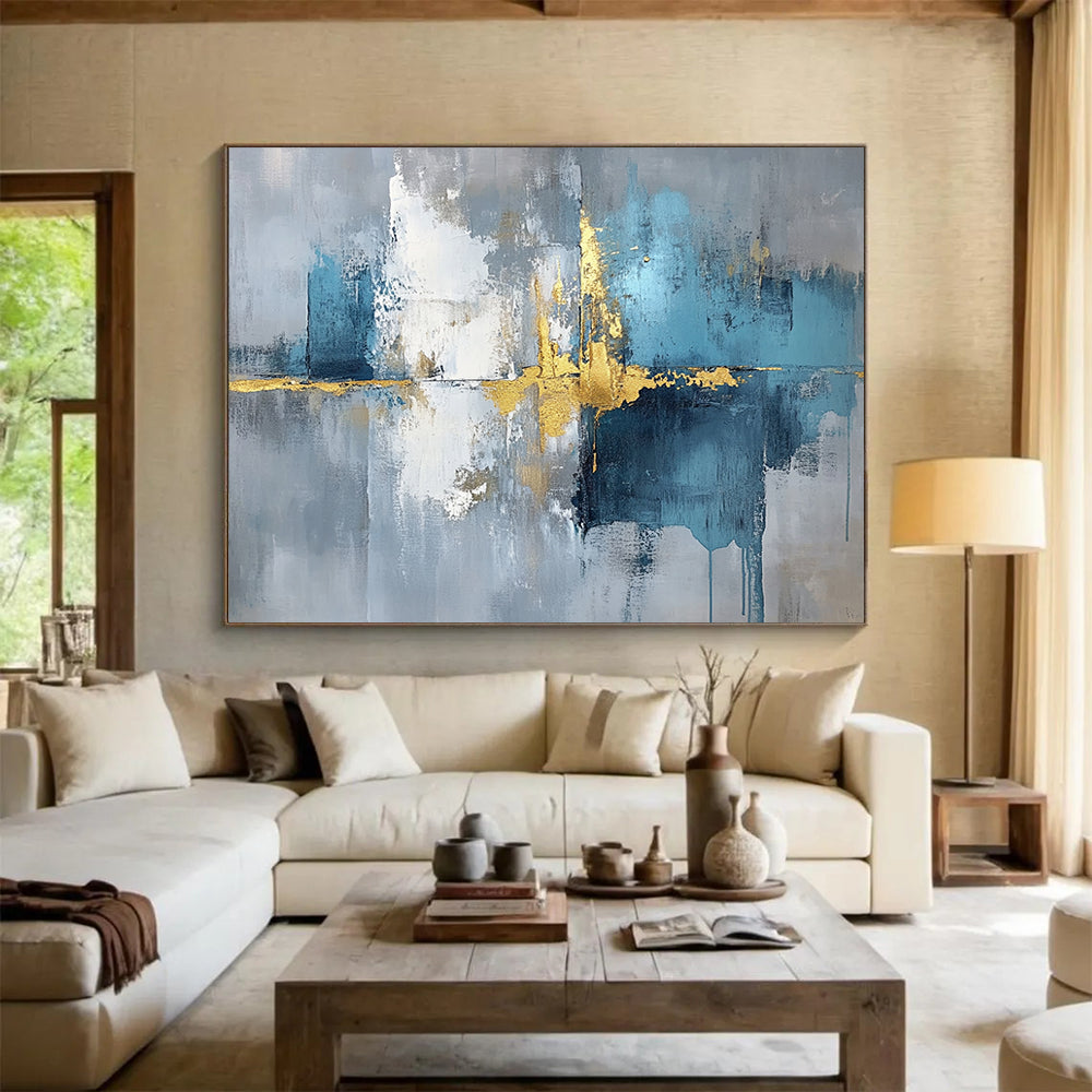 “Reflective Gold - Blue - Gray Abstract” - Gold, Blue, Gray, White, Reflective Textures Painting On Canvas HB0821