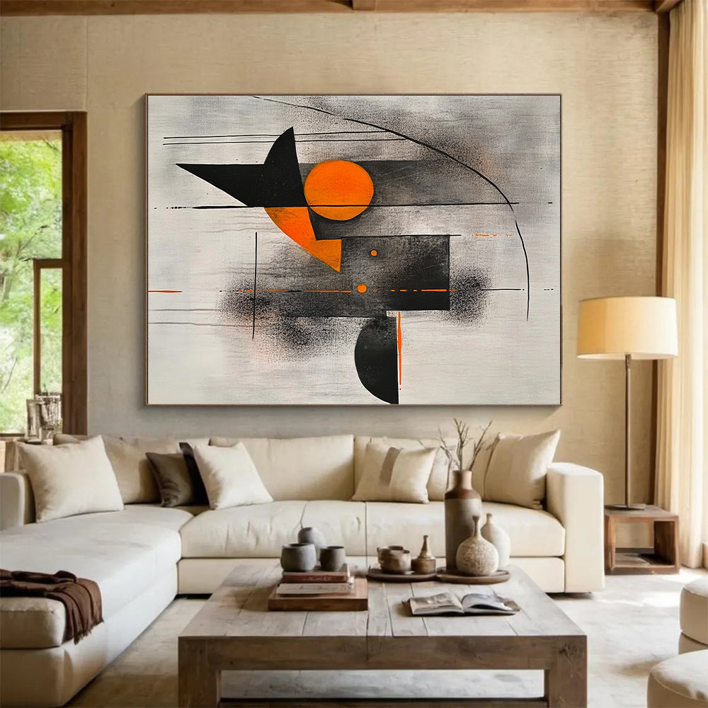 Black, Gray, Orange and White Geometric Abstraction "Harmonious Tension" Painting On Canvas HB327