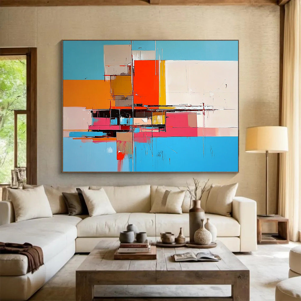 “Geometric Color Blocks” - Blue, Orange, Pink, Abstract Cubist - inspired Painting On Canvas HB1101