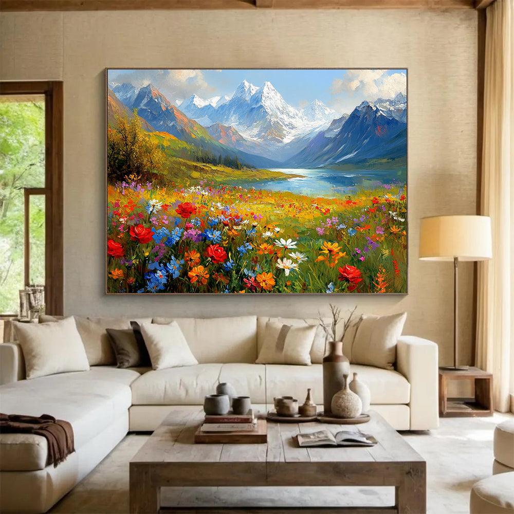 “Alpine Flower Meadow” - Colorful, Mountainous Landscape Painting On Canvas HB0689