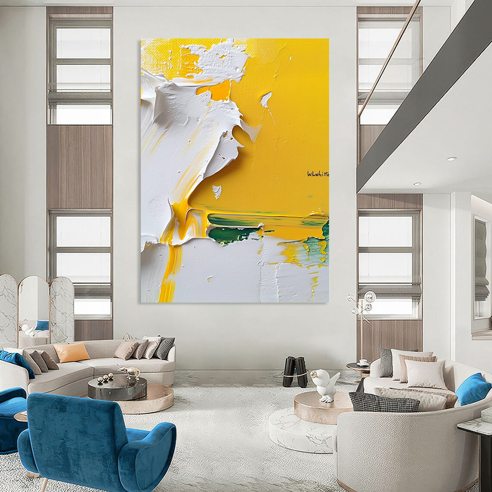Contemporary hand-painted abstract artwork features vibrant yellow and white textures on a pure white background showcasing intricate impasto techniques. DLZ1185