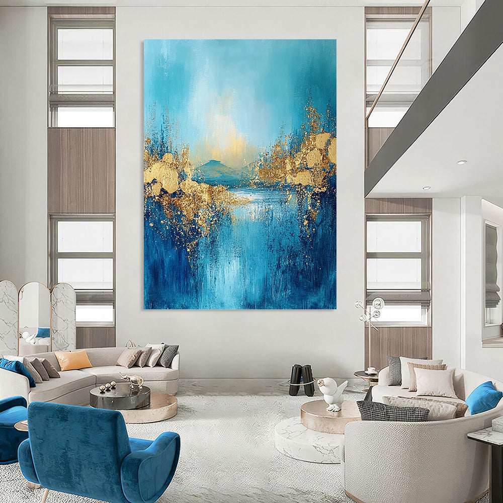 Contemporary large abstract painting features textured fringe with a landscape illuminated by golden light and adorned with gold foil accents. DLZ0345