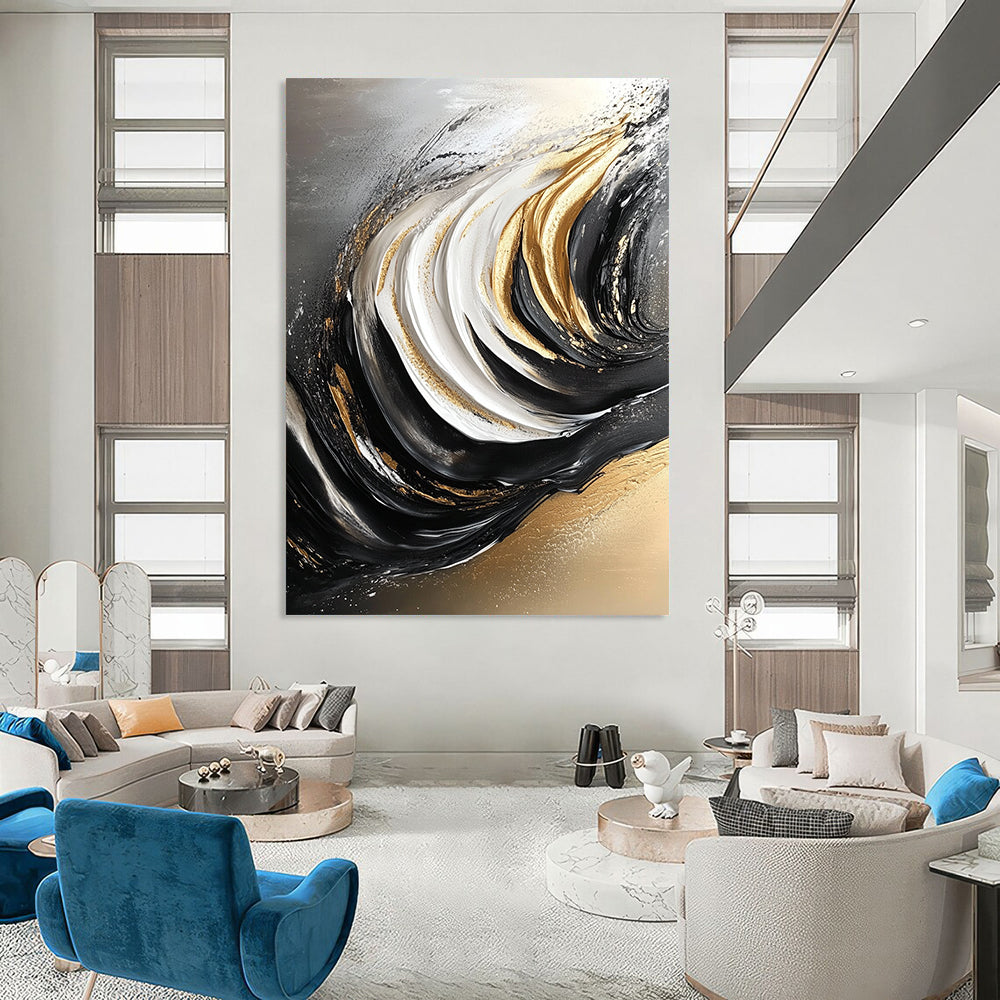 Contemporary hand-painted abstract art featuring flowing grain in black and white with elegant gold accents for a striking visual impact. DLZ0297