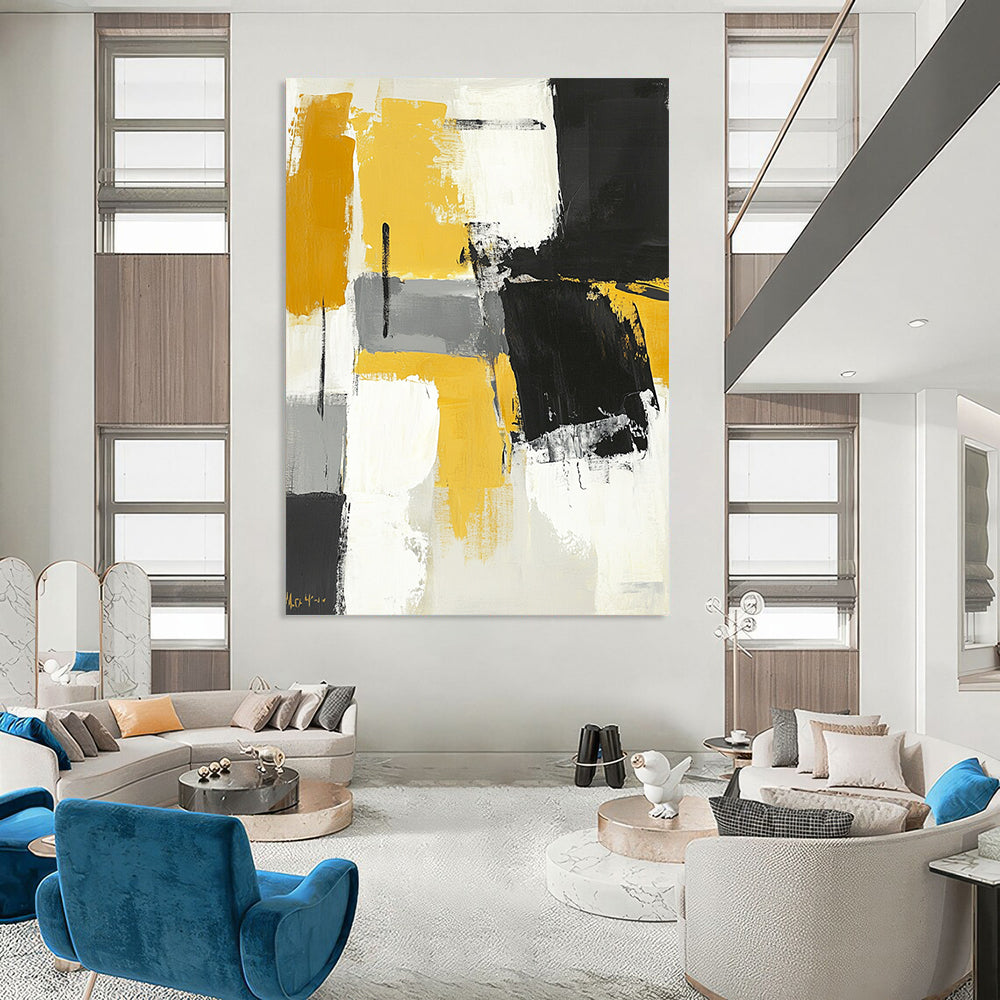 Contemporary hand-painted abstract art featuring black gray and yellow color blocks with brushstrokes on a neutral toned white background. DLZ0731