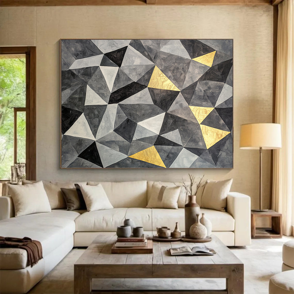Gray, Black, White and Gold Geometric Triangles "Golden Geometry" Painting On Canvas HB363